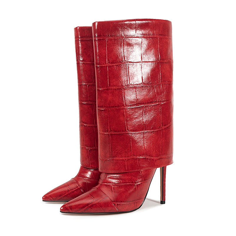 Women__ Mid-Calf Stiletto Boots with Croc Print