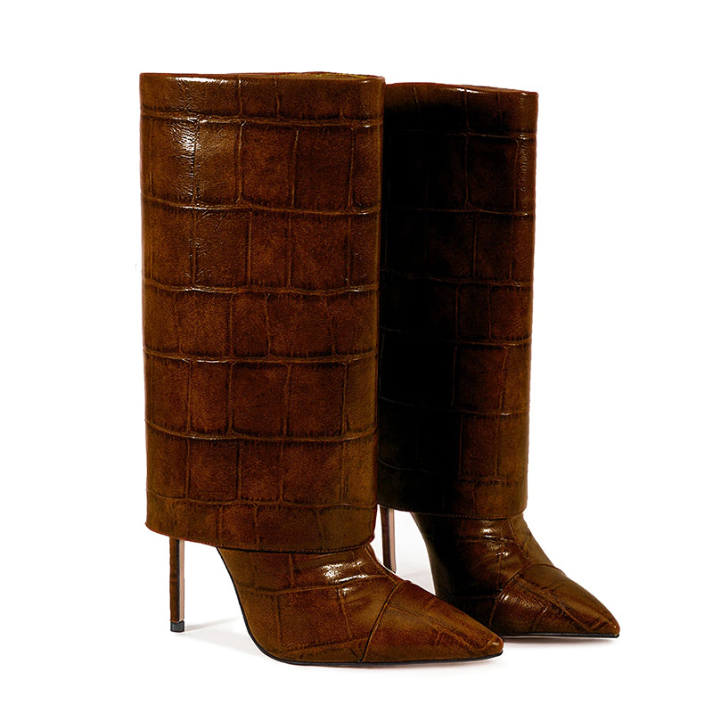Women__ Mid-Calf Stiletto Boots with Croc Print
