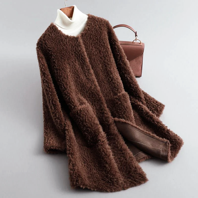 Women’s Mid-Length Faux Shearling Coat with Hidden Buttons