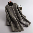 Women’s Mid-Length Faux Shearling Coat with Hidden Buttons