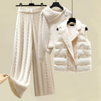 Women’s Three-Piece Knit Pants Sweater and Puffer Vest Set