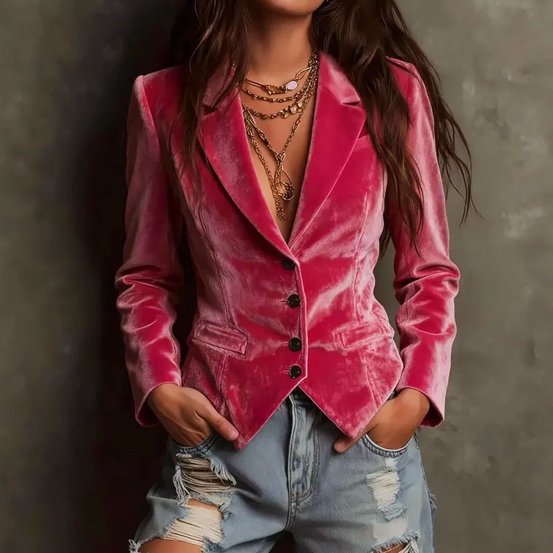 Women’s Velvet Fitted Blazer with Notched Lapel