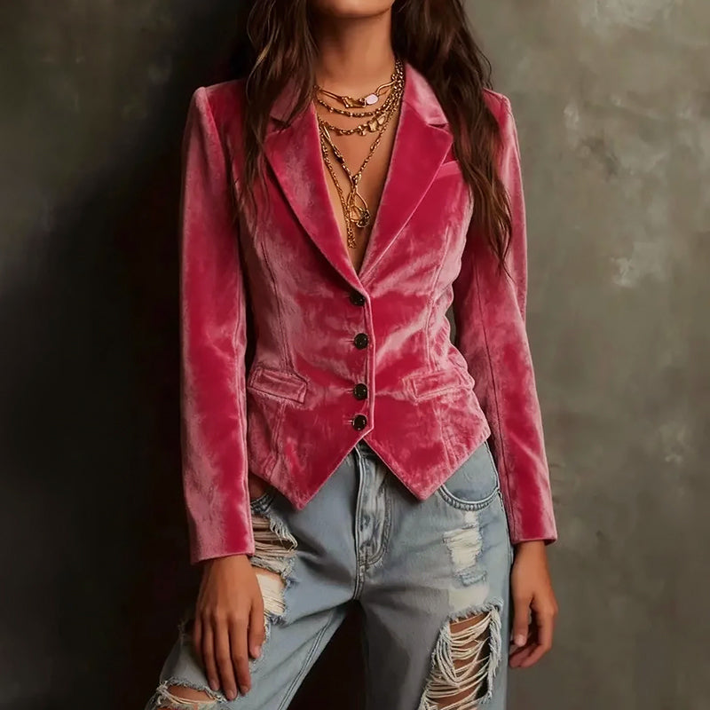 Women’s Velvet Fitted Blazer with Notched Lapel