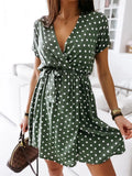 Polka Dot Wrap Front Tie Waist V-Neck Short Sleeve Mini Dress