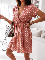 Polka Dot Wrap Front Tie Waist V-Neck Short Sleeve Mini Dress