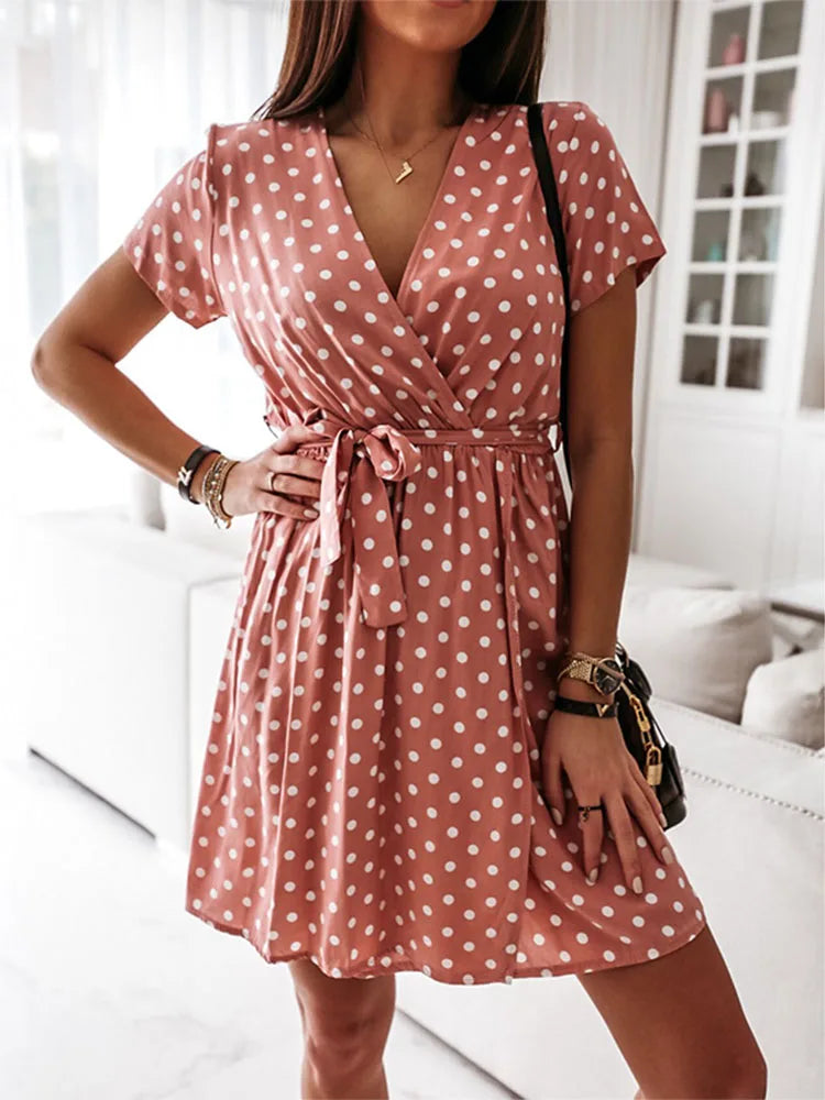 Polka Dot Wrap Front Tie Waist V-Neck Short Sleeve Mini Dress