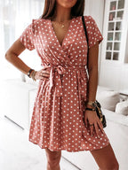 Polka Dot Wrap Front Tie Waist V-Neck Short Sleeve Mini Dress