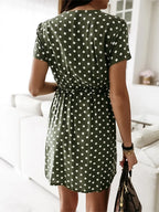 Polka Dot Wrap Front Tie Waist Short Sleeve Mini Dress