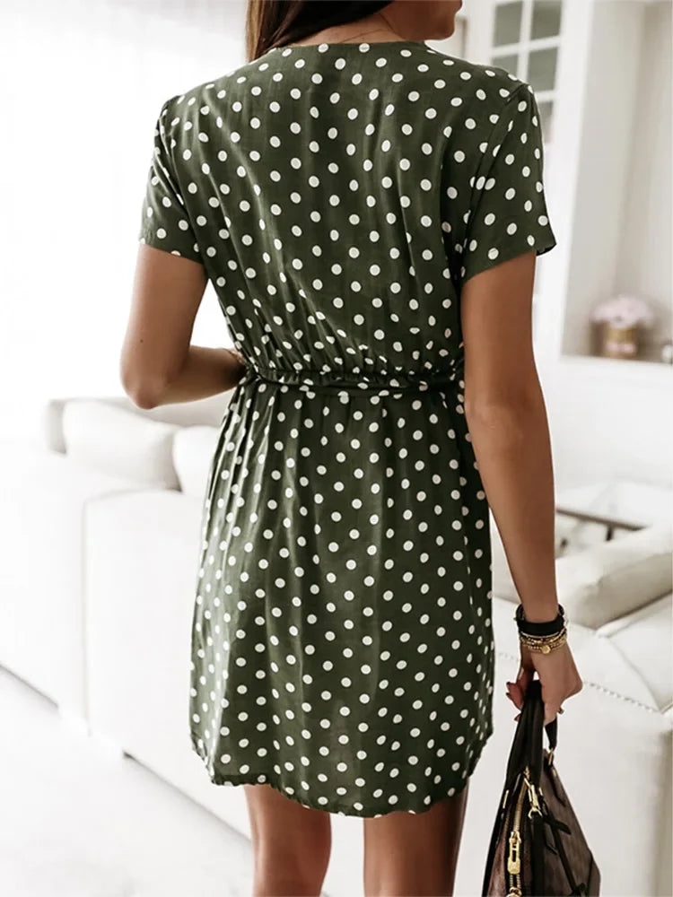 Polka Dot Wrap Front Tie Waist Short Sleeve Mini Dress