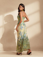Botanical Floral Print Spaghetti Strap Ruched Sweetheart Draped Sarong Maxi Dress