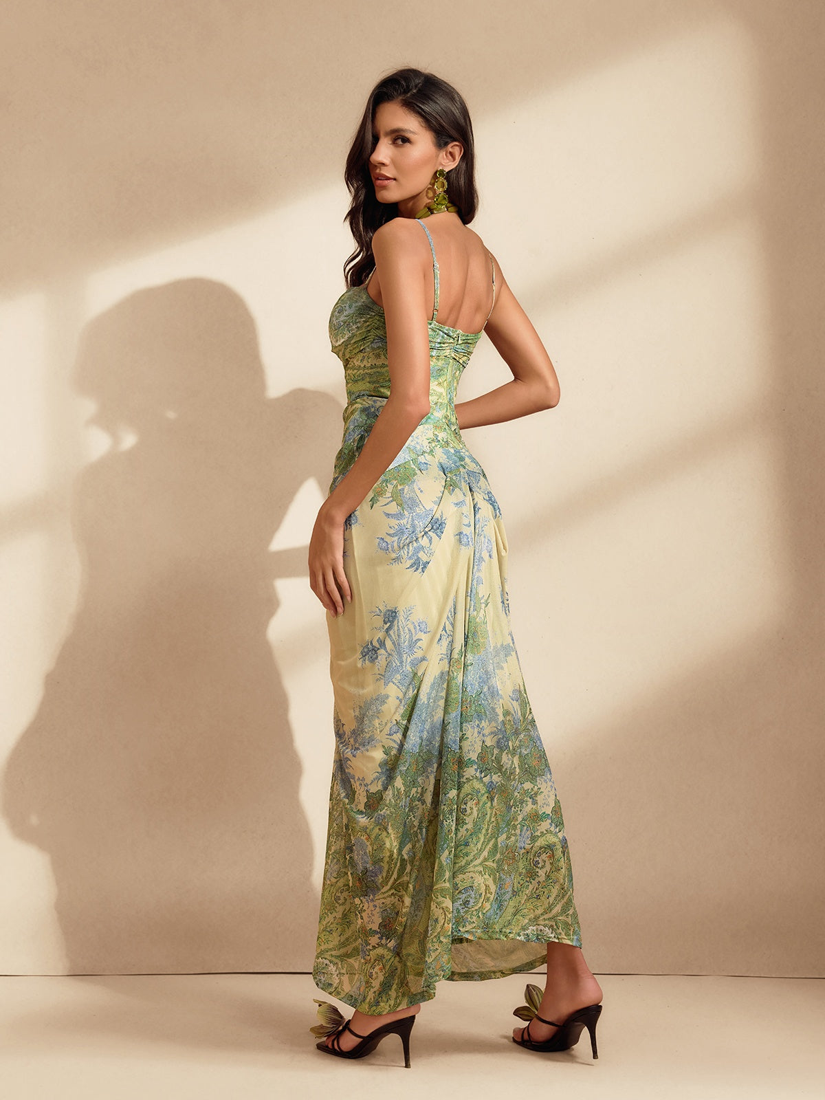 Botanical Floral Print Spaghetti Strap Ruched Sweetheart Draped Sarong Maxi Dress