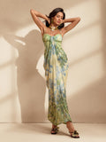 Botanical Floral Print Spaghetti Strap Ruched Sweetheart Draped Sarong Maxi Dress