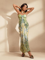 Botanical Floral Print Spaghetti Strap Ruched Sweetheart Draped Sarong Maxi Dress
