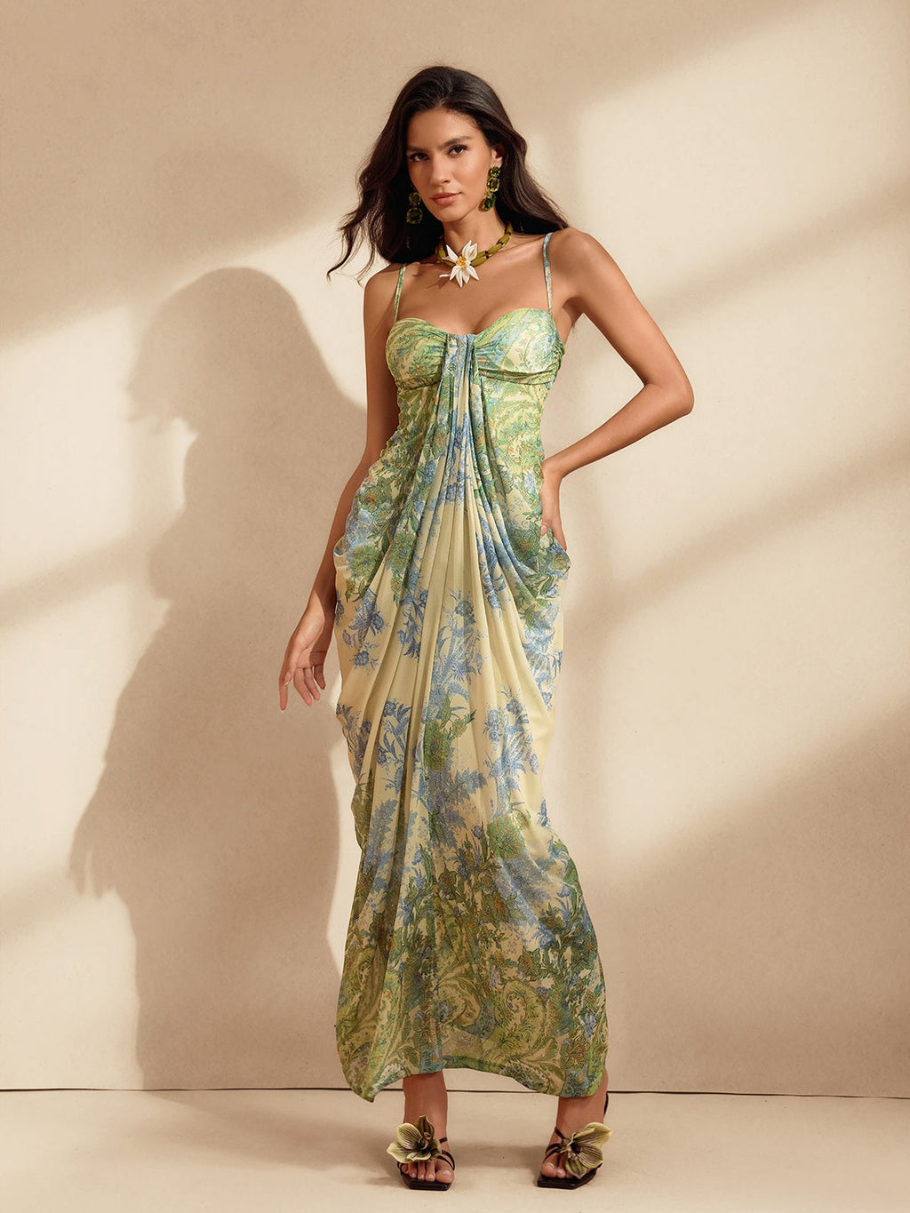 Botanical Floral Print Spaghetti Strap Ruched Sweetheart Draped Sarong Maxi Dress