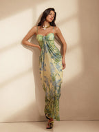 Botanical Floral Print Spaghetti Strap Ruched Sweetheart Draped Sarong Maxi Dress
