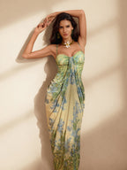 Botanical Floral Print Spaghetti Strap Ruched Sweetheart Draped Sarong Maxi Dress