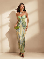 Botanical Floral Print Spaghetti Strap Ruched Sweetheart Draped Sarong Maxi Dress
