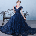 Lace Deep V-Neck Flutter Sleeve Belted A-Line Ball Gown
