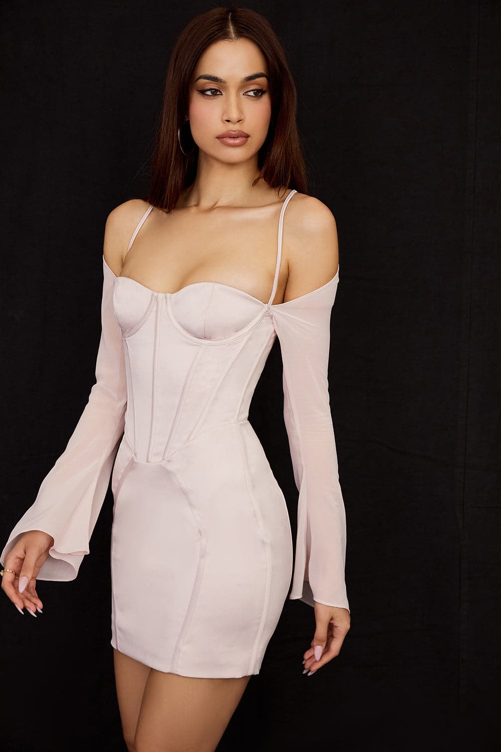 Off Shoulder Halter Corset Boned Long Sleeve Satin Mini Dress