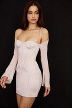 Off Shoulder Halter Corset Boned Long Sleeve Satin Mini Dress
