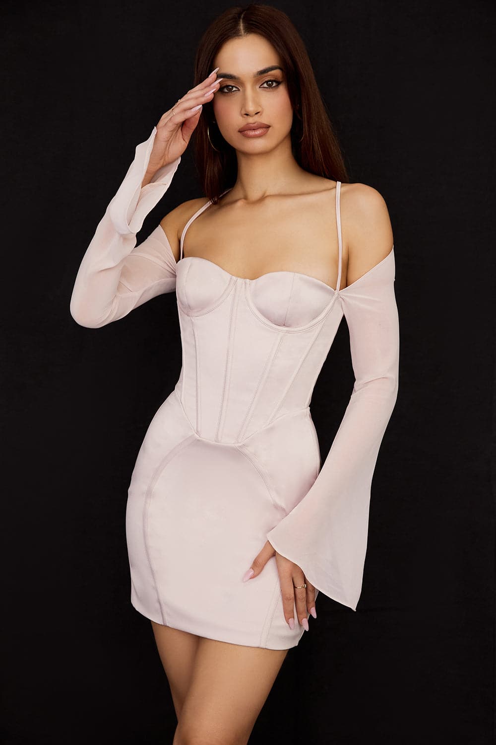 Off Shoulder Halter Corset Boned Long Sleeve Satin Mini Dress