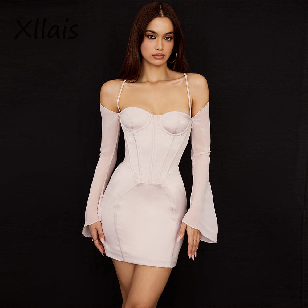 Off Shoulder Halter Corset Boned Long Sleeve Satin Mini Dress