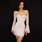 Off Shoulder Halter Corset Boned Long Sleeve Satin Mini Dress