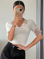 Women's Lace Solid Color T-shirt