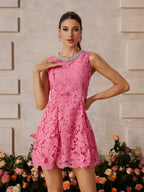 Floral Lace Rhinestone Embellished Collar Sleeveless Fit and Flare Mini Dress