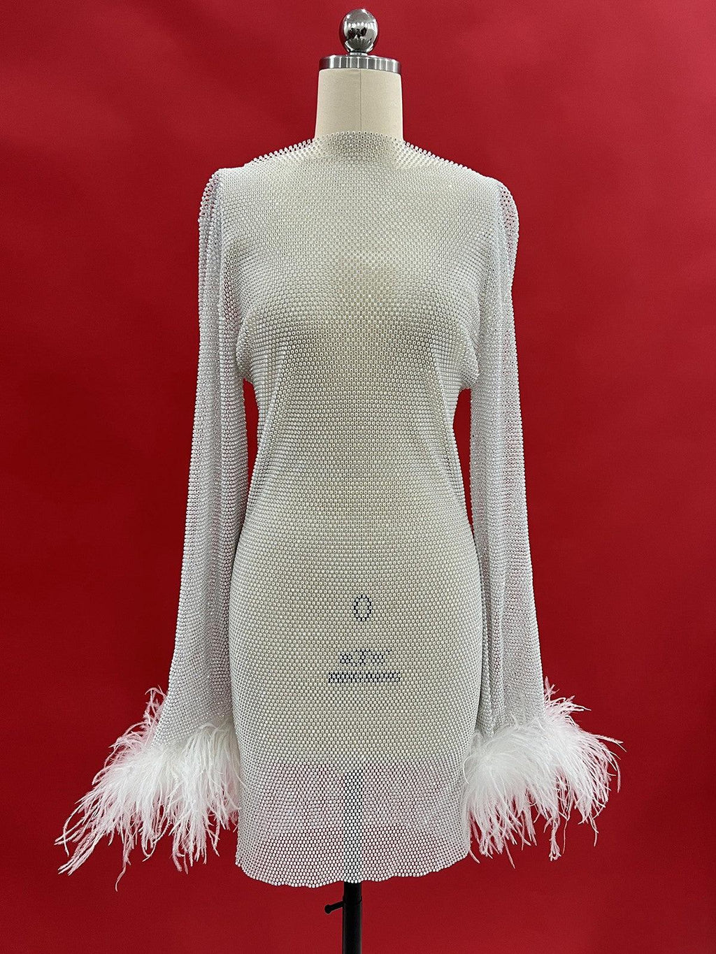Rhinestone Embellished Crew Neck Feather Cuff Long Sleeve Bodycon Mini Dress