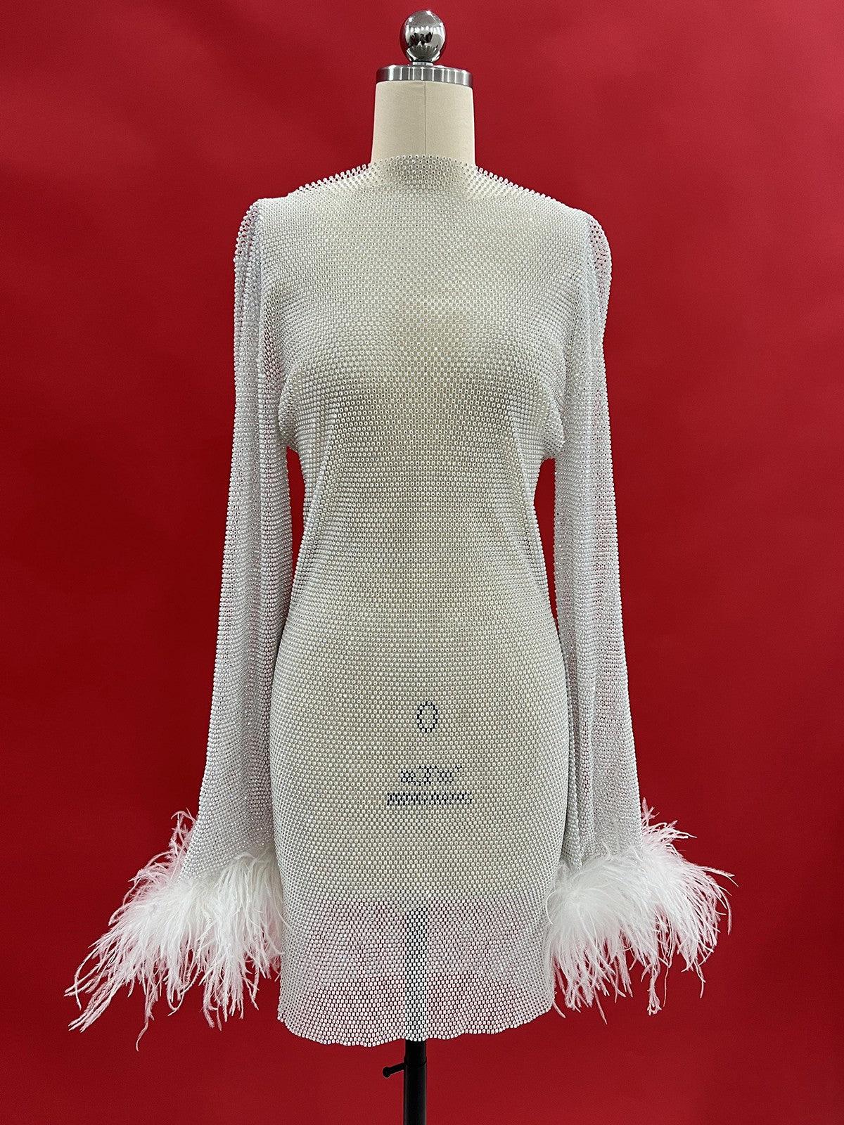 Rhinestone Embellished Crew Neck Feather Cuff Long Sleeve Bodycon Mini Dress