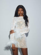 Rhinestone Embellished Crew Neck Feather Cuff Long Sleeve Bodycon Mini Dress