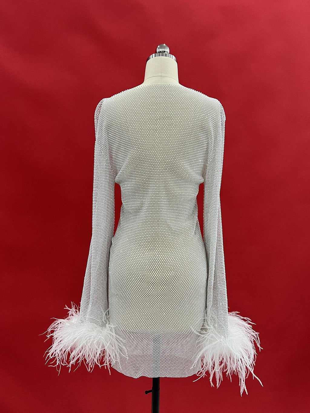 Rhinestone Embellished Crew Neck Feather Cuff Long Sleeve Bodycon Mini Dress