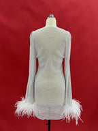 Rhinestone Embellished Crew Neck Feather Cuff Long Sleeve Bodycon Mini Dress