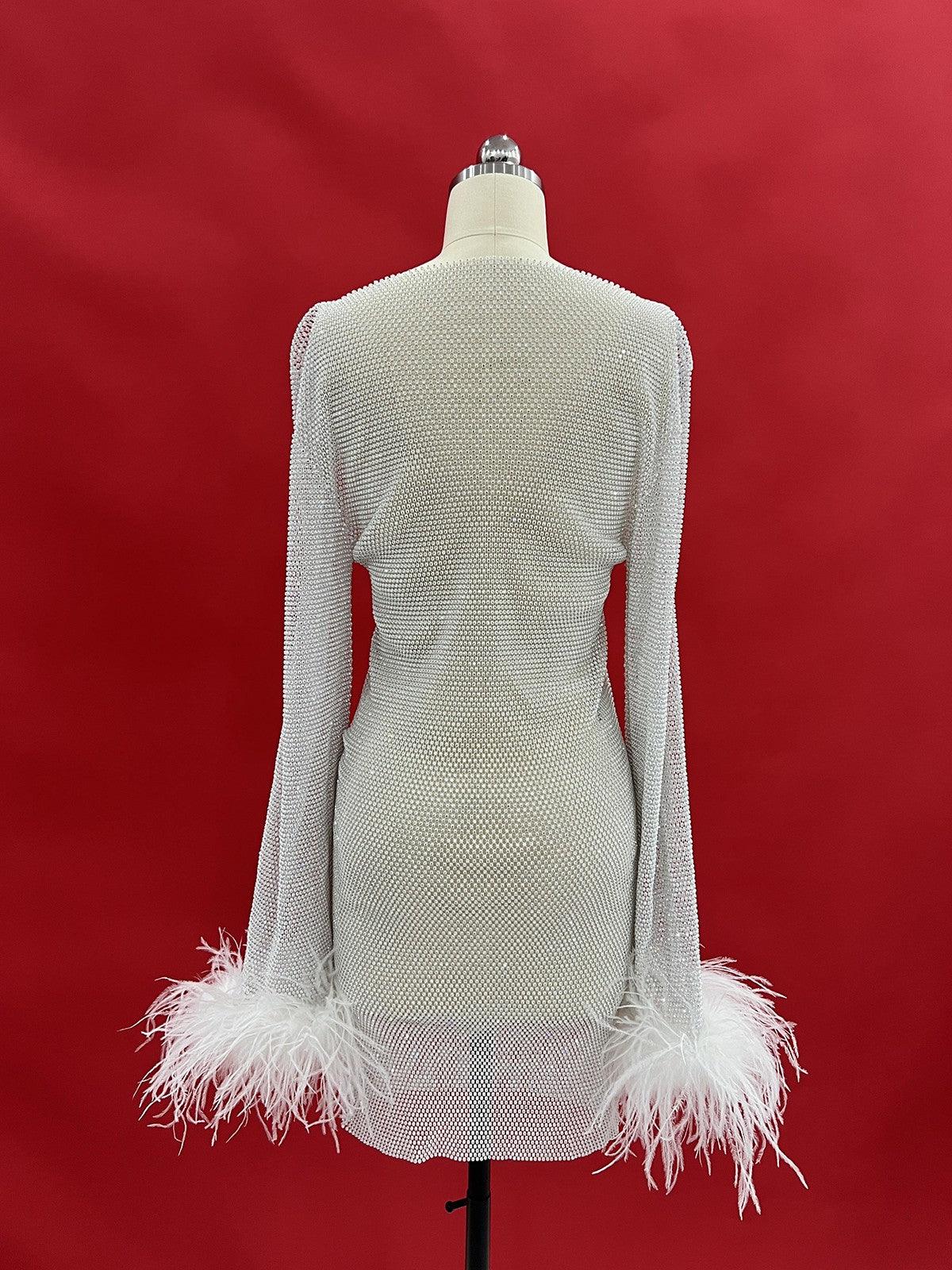 Rhinestone Embellished Crew Neck Feather Cuff Long Sleeve Bodycon Mini Dress