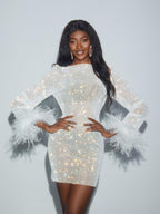Rhinestone Embellished Crew Neck Feather Cuff Long Sleeve Bodycon Mini Dress