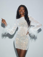 Rhinestone Embellished Crew Neck Feather Cuff Long Sleeve Bodycon Mini Dress