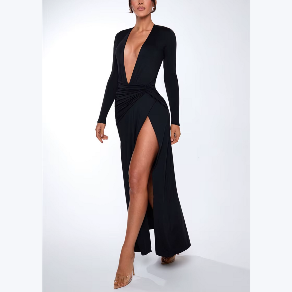 Xanthe - Black Deep V Neck Maxi Dress
