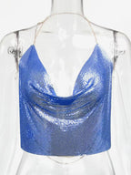Sexy Straps Halter Metal Tops Sequin Clubwear Tops Sliver Sleeveless Spaghetti Straps Cami Draped Crop For Women