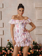 Floral Print Off Shoulder Corset Bodice Tiered Ruffle Organza Mini Dress