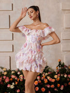 Floral Print Off Shoulder Corset Bodice Tiered Ruffle Organza Mini Dress