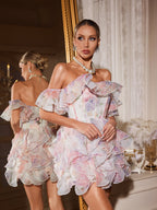Floral Print Off Shoulder Corset Bodice Tiered Ruffle Organza Mini Dress