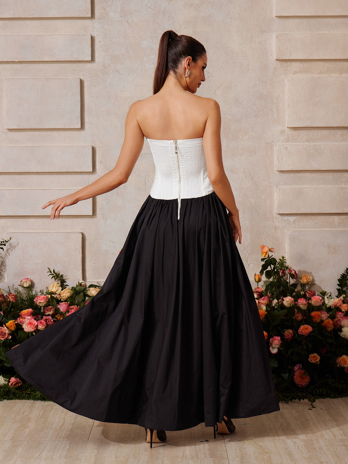 Strapless Pleated Corset Bodice High Low Gathered Tiered Maxi Dress