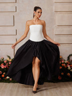 Strapless Pleated Corset Bodice High Low Gathered Tiered Maxi Dress