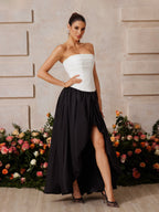 Strapless Pleated Corset Bodice High Low Gathered Tiered Maxi Dress