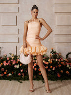 Ruched Square Neck Spaghetti Strap Tiered Organza Ruffle Mini Dress