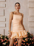Ruched Square Neck Spaghetti Strap Tiered Organza Ruffle Mini Dress