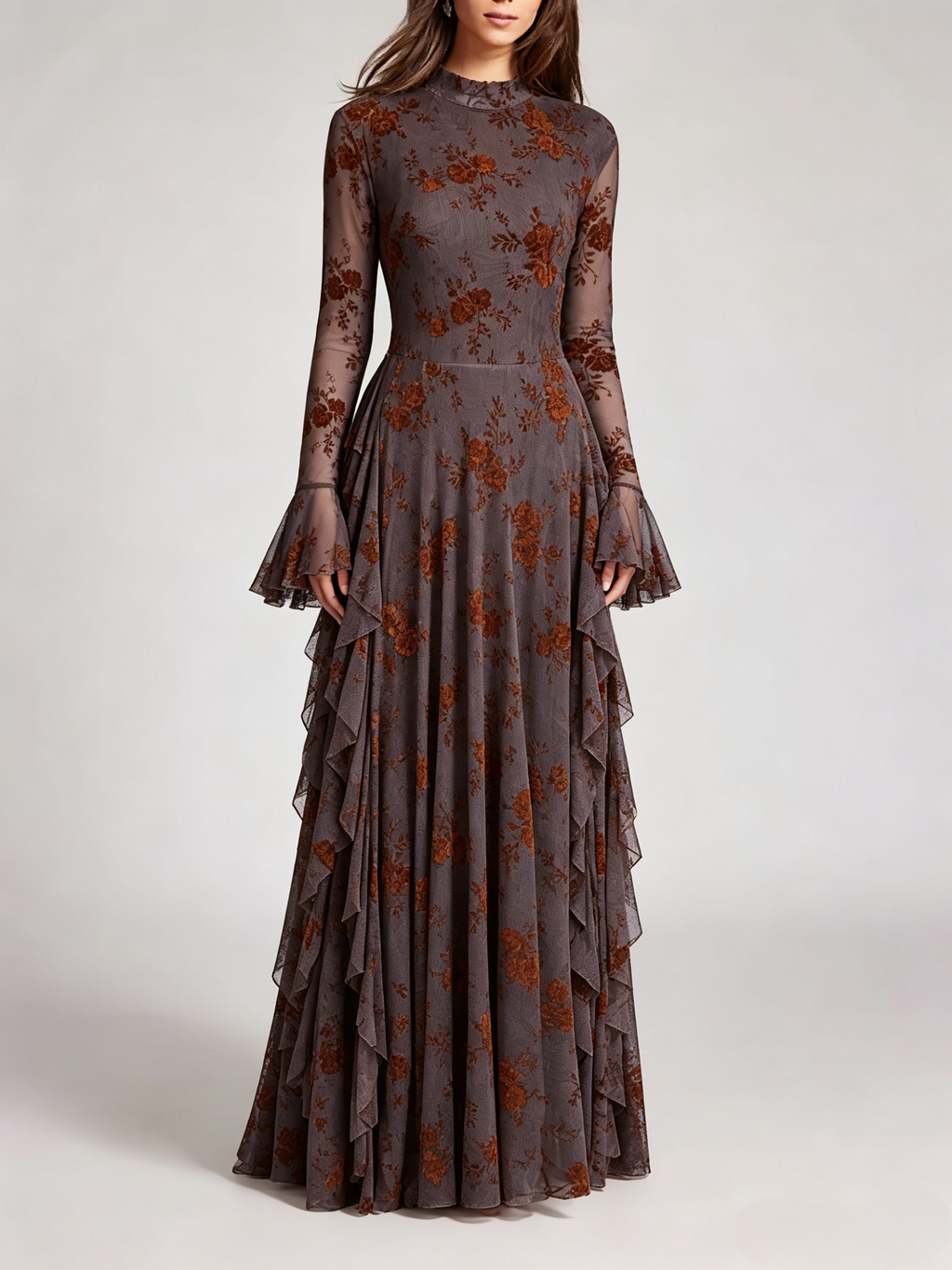 Party Dress Maxi Stand Collar Long Sleeves Floral Print Long Flared Sleeves Deep Brown Gown