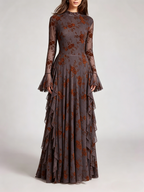 Party Dress Maxi Stand Collar Long Sleeves Floral Print Long Flared Sleeves Deep Brown Gown