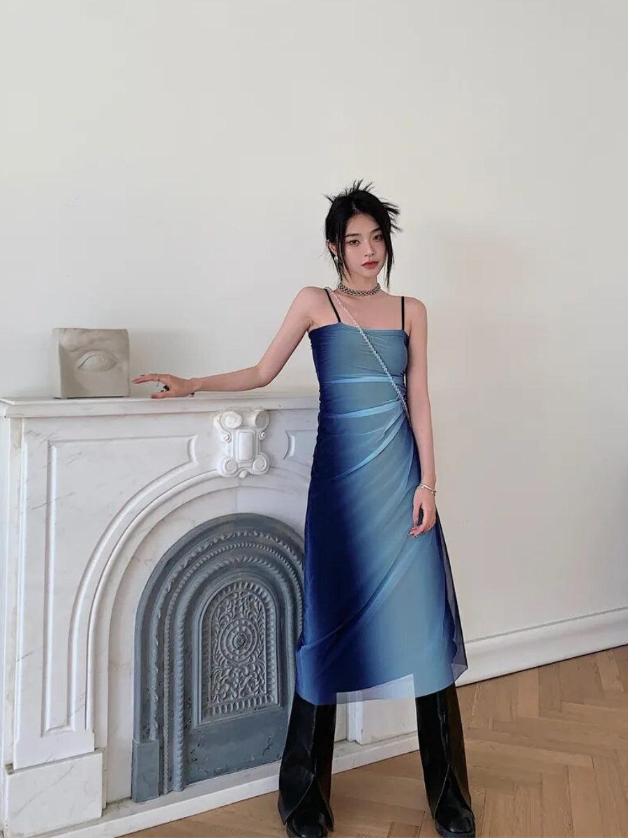 Straight Neck Spaghetti Strap Ombre Gradient Bodycon Cami Midi Dress